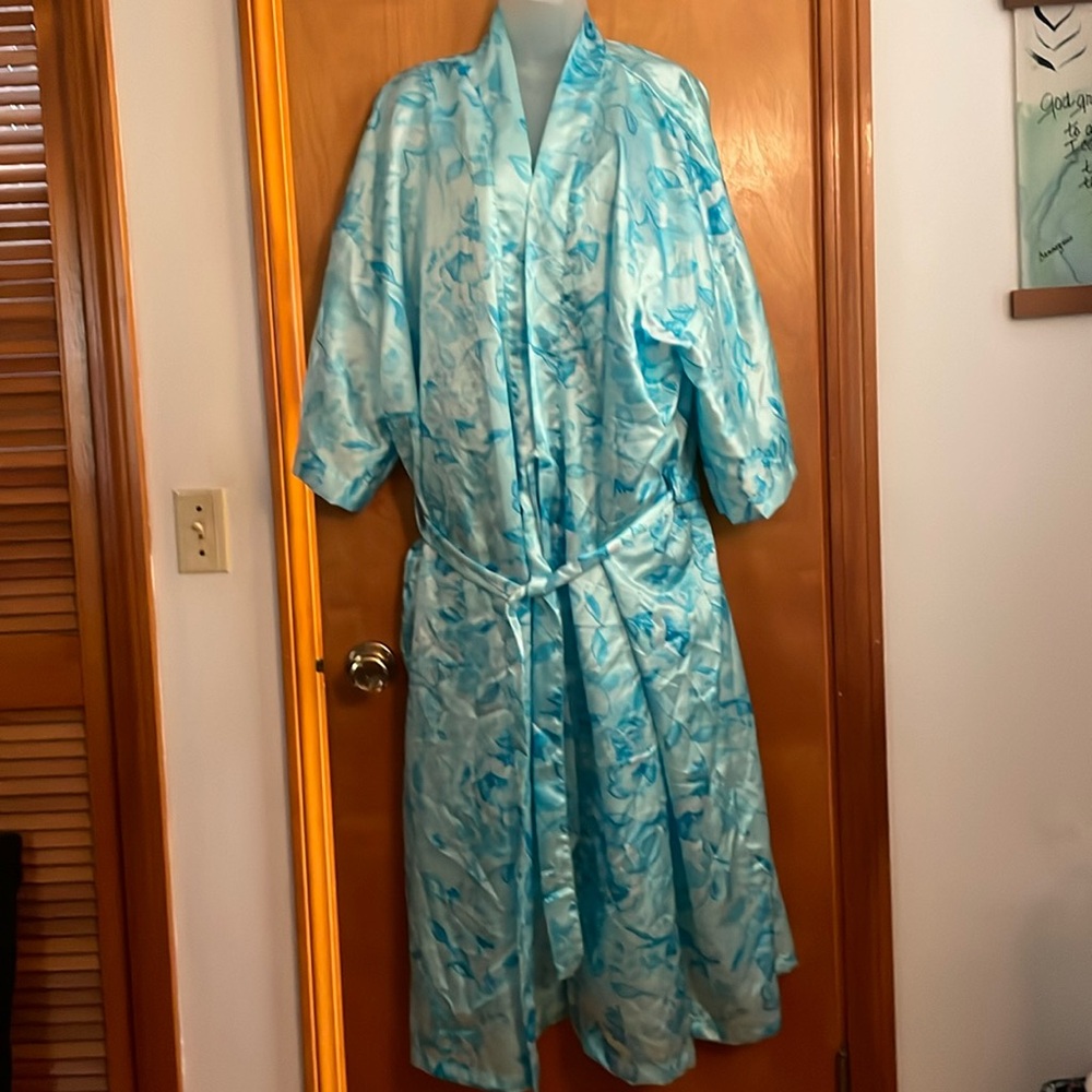 Light Blue Marble Satin Robe with Tie Belt